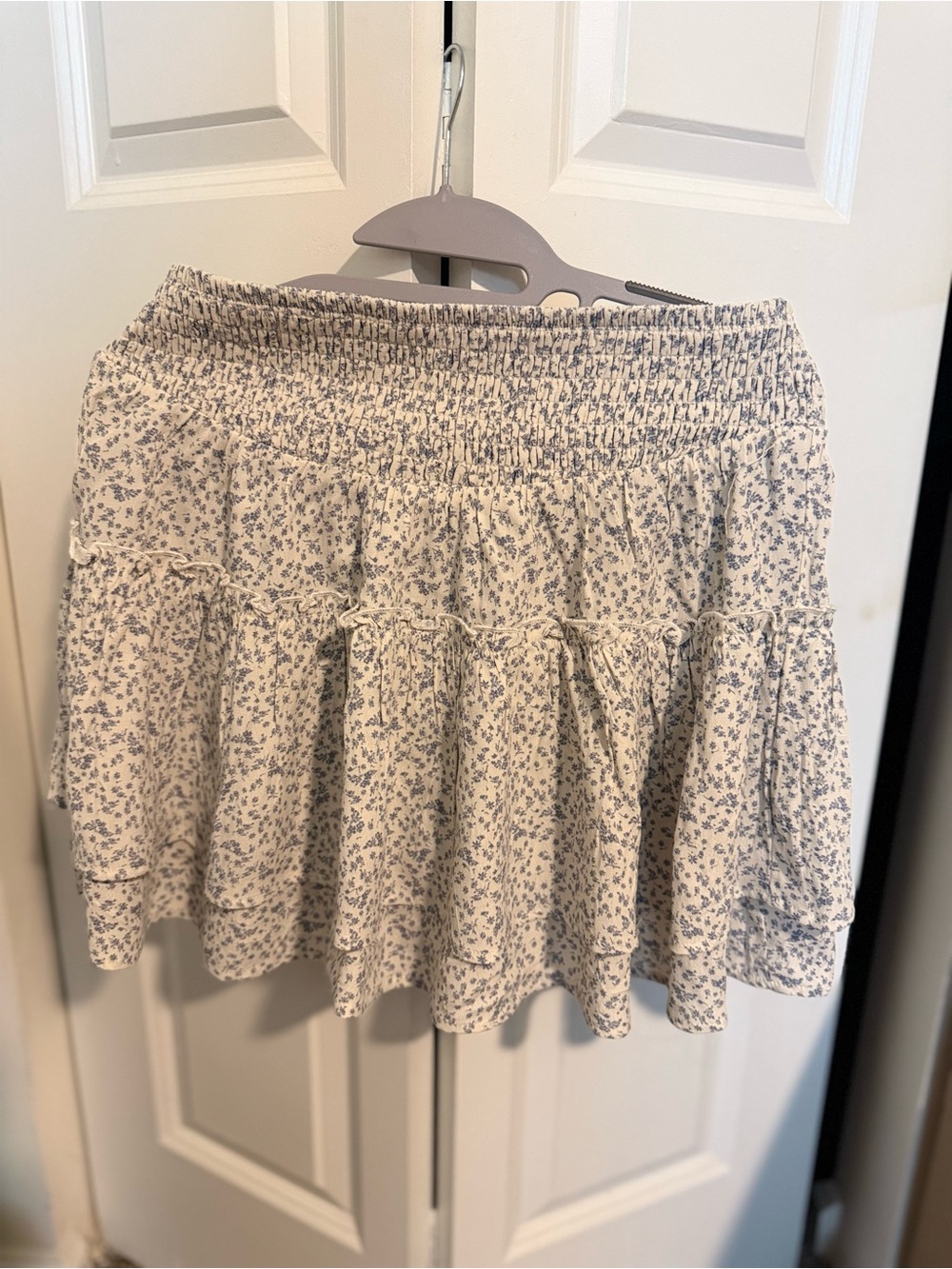 Floral Smocked Tiered Mini Skirt - Cream with Blue Floral